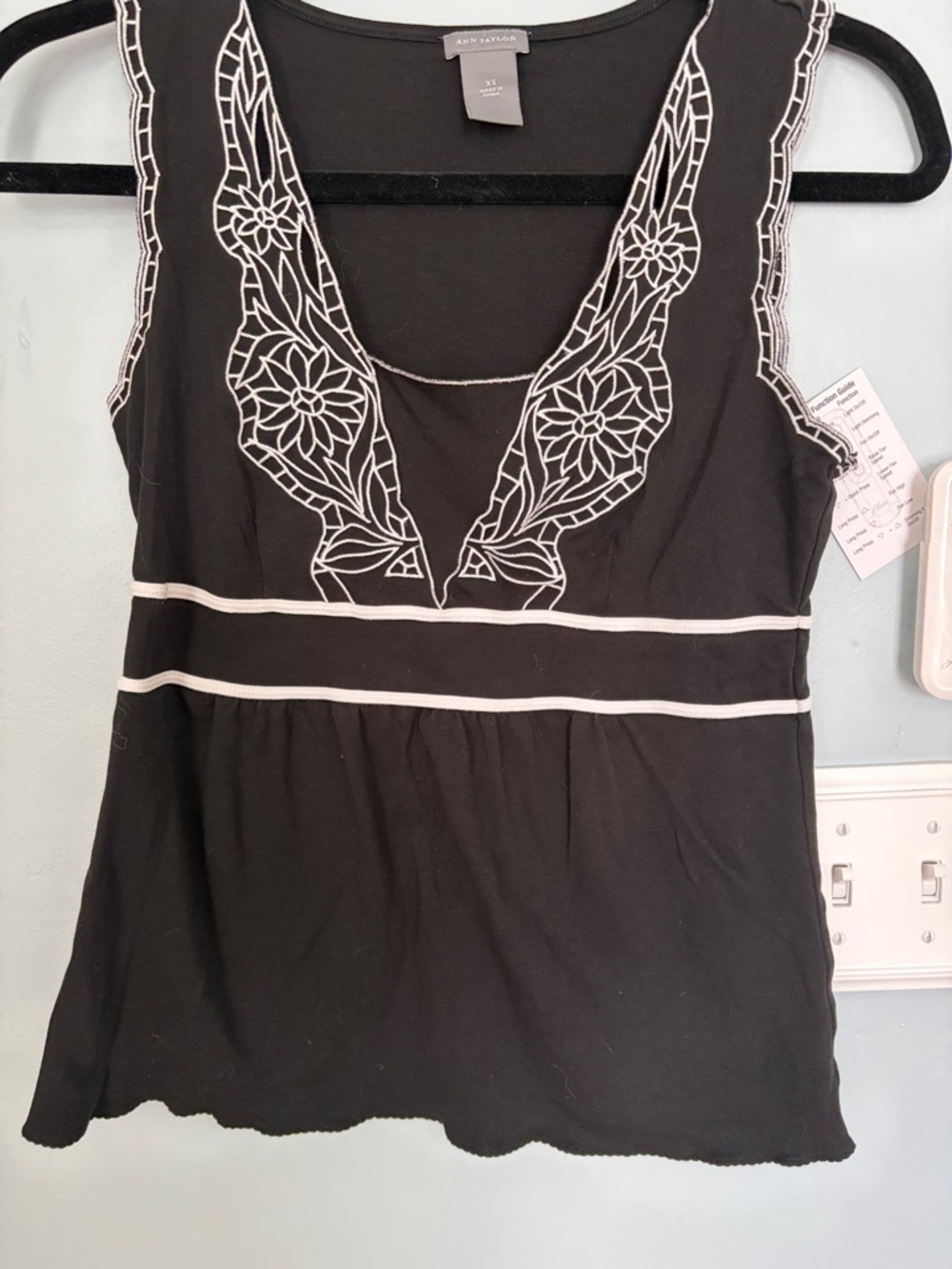 Ann Taylor Black Tank with White Embroidered V-Neck